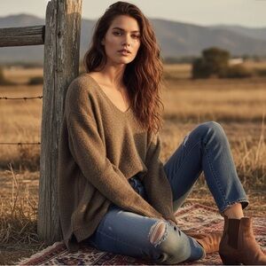 Free People Alpaca Wool Blend Brown Textured Slouchy Sweater Size Large